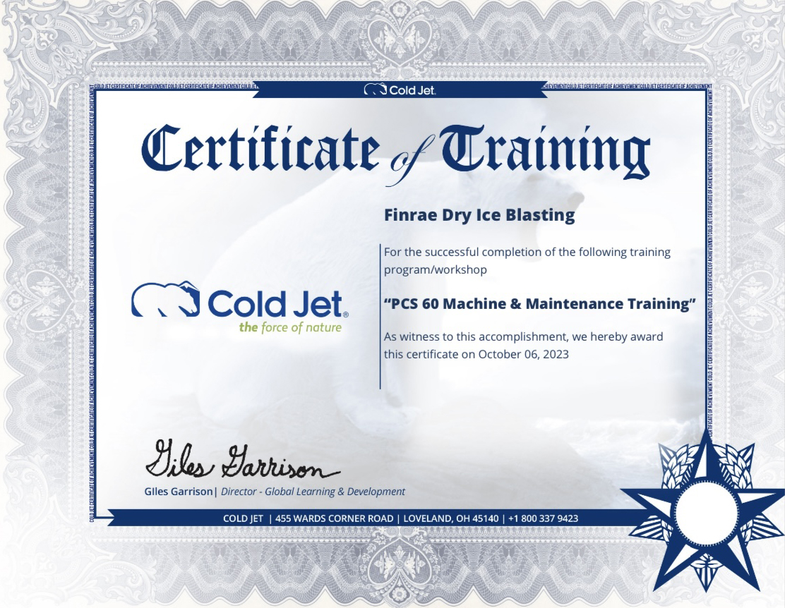 FinRae Ice Blasting Cold Jet Certificate of Training. Environmentally-safe industrial cleaning.